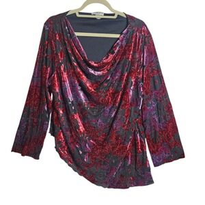 Notations Woman Velvet Burnout Floral Cowl Neck Blouse Red Purple 1X